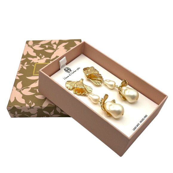 House Of Harlow 1960 Gold Pearl Drop Earrings Nickel Free Jewelry Bridal Bride - Picture 8 of 8